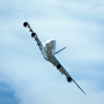 Photo of an Airbus A380 banking. Cold Spray Standard for Aerospace.